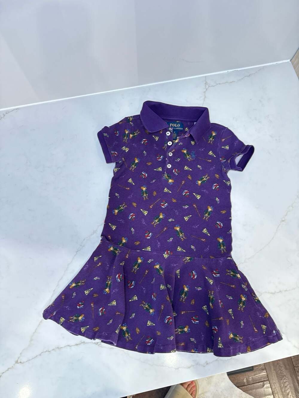 Polo Ralph Lauren Girls Purple Polo Bear All-Over Print Polo Dress Size 4